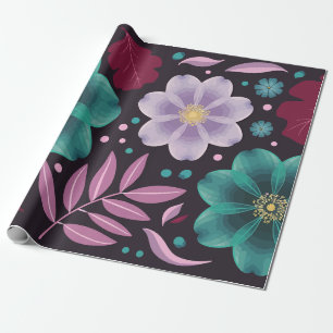 Papel De Regalo Elegante Floral con Flores de Turquesa y Púrpura