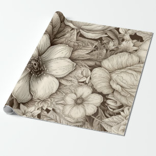 Papel De Regalo Elegante floral crema y marrón con profundidad