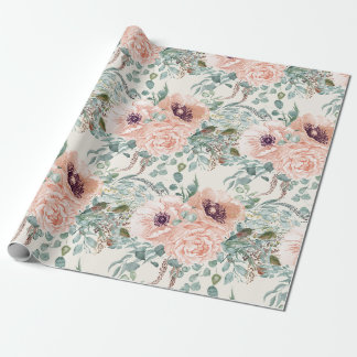 Papel De Regalo Elegante Floral de Acuarela Rosa con Hojas Verde S
