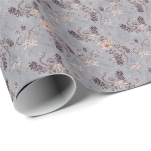 Papel De Regalo Elegante Floral de Crisantemo Gris Plateado Nupcia
