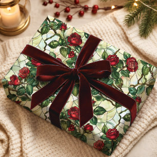 Papel De Regalo Elegante Floral de Vidrio Pintado Rojo Verde