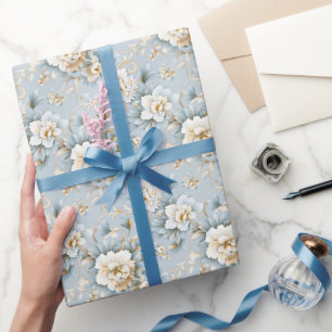 Papel De Regalo Elegante Floral francesa en polvo azul, blanco y d