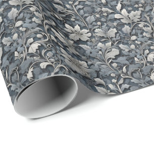 Papel De Regalo Elegante floral gris blanco plateado azul polvorie