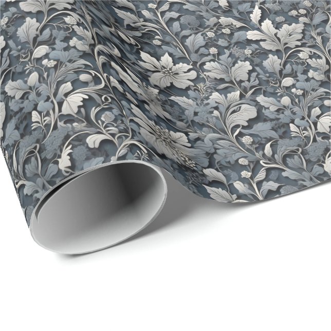 Papel De Regalo Elegante floral gris blanco plateado azul polvorie (Esquina del rollo)