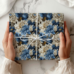 Papel de regalo elegante floral marfil azul chic