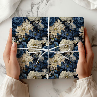 Papel de Regalo Elegante Floral Marfil Azul de Dis