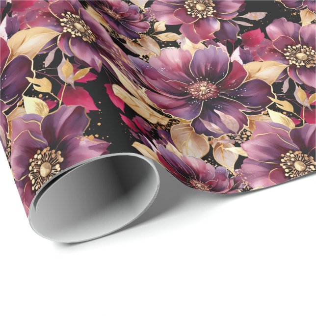 Papel De Regalo Elegante floral Oro Borgoña Púrpura Negro (Esquina del rollo)