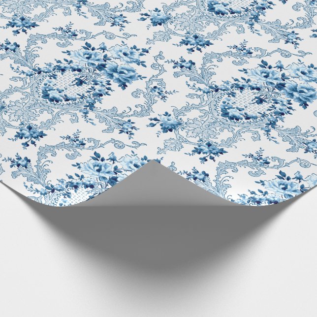 Papel De Regalo Elegante floral rococó azul y blanco francés (Esquina)