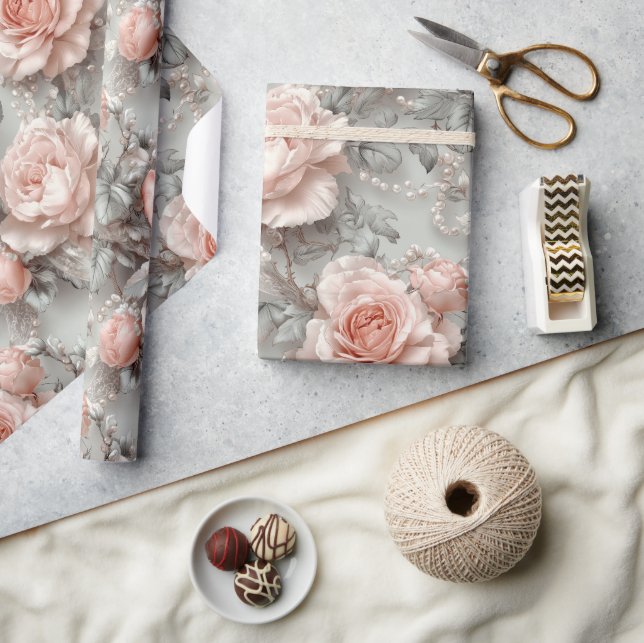 Papel De Regalo Elegante floral rosa rosa rosa rosa rosa de Rubor (Artesanía)