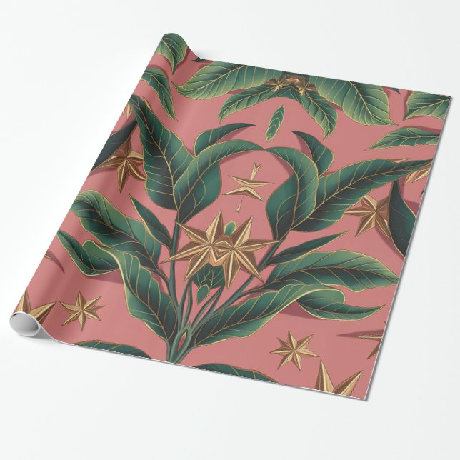 Papel De Regalo Elegante floral verde y festivo motivo de estrella (Desenrollado)