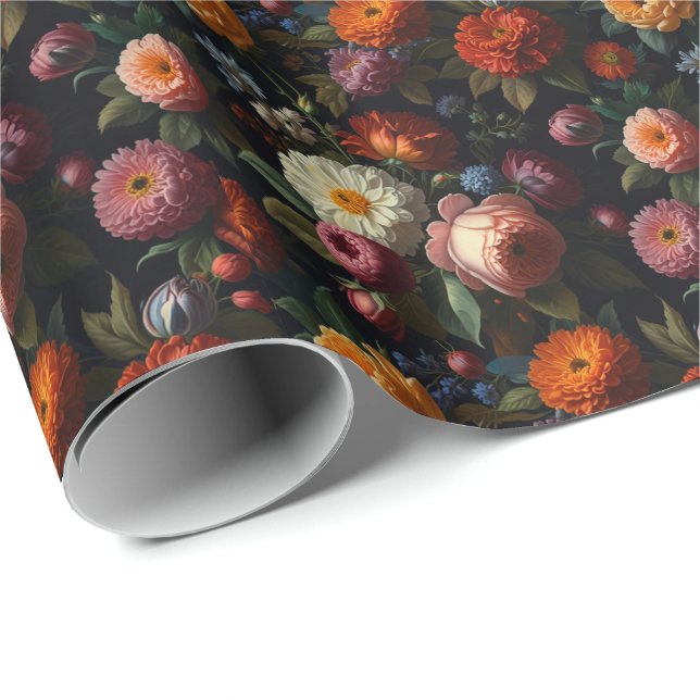 Papel De Regalo Elegante florales de época de color oscuro (Esquina del rollo)