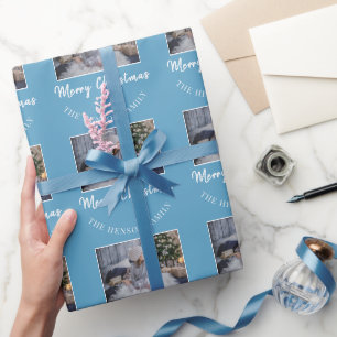 Papel De Regalo Elegante Foto Familiar con Letra Azul de Feliz Nav
