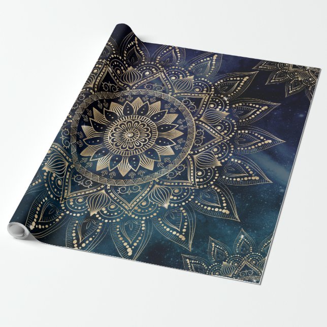Papel De Regalo Elegante galaxia azul Mandala dorada (Desenrollado)