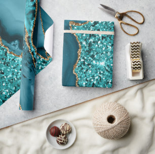 Papel De Regalo Elegante Geoda de Ágata Oceánica con Brillo Teal y