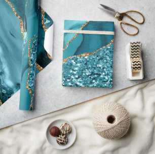 Papel De Regalo Elegante Geoda de Ágata Oceánica Teal y Dorado con