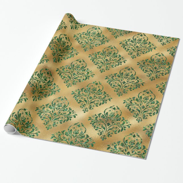 Papel De Regalo Elegante Glam Gold Green Purpurina Sparkle Damask (Desenrollado)