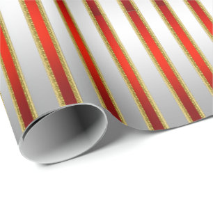 Papel De Regalo Elegante Glitzy Luminoso Plata y Tiras Rojas