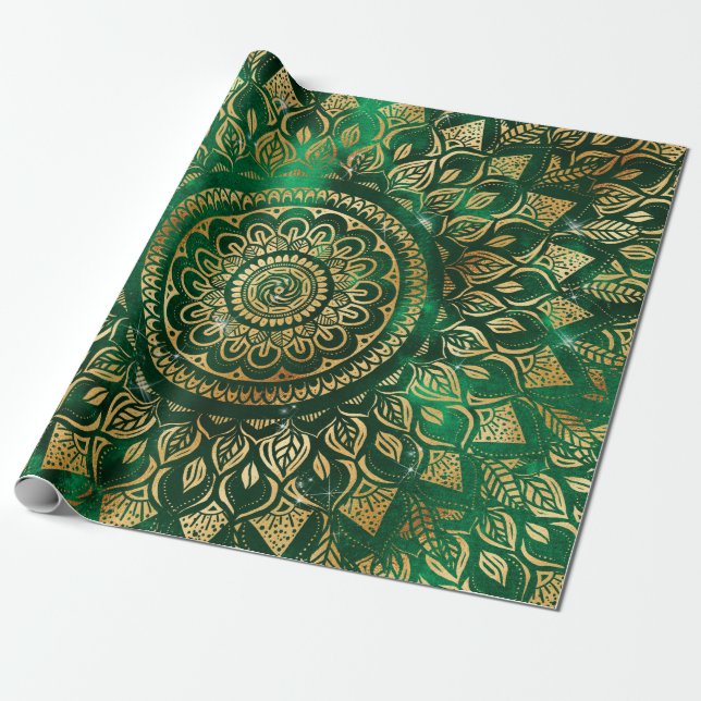 Papel De Regalo Elegante Gold Green Mandala Floral (Desenrollado)