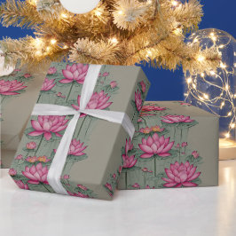 Papel De Regalo Elegante gris botánico de flor rosa Lotus