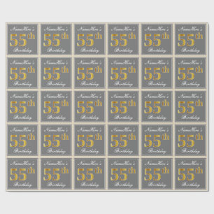 Papel De Regalo Elegante, Gris, Dorado Falso Cumpleaños 55 + Nombr