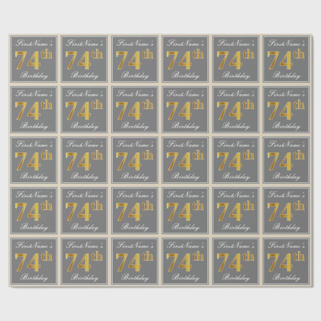 Papel De Regalo Elegante, Gris, Dorado Falso Cumpleaños 74 + Nombr (Superficie plana)