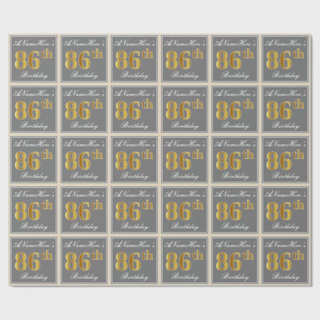 Papel De Regalo Elegante, Gris, Dorado Falso Cumpleaños 86 + Nombr (Superficie plana)