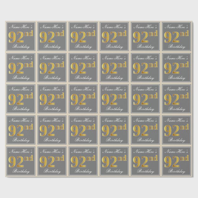 Papel De Regalo Elegante, Gris, Dorado Falso Cumpleaños 92 + Nombr (Superficie plana)