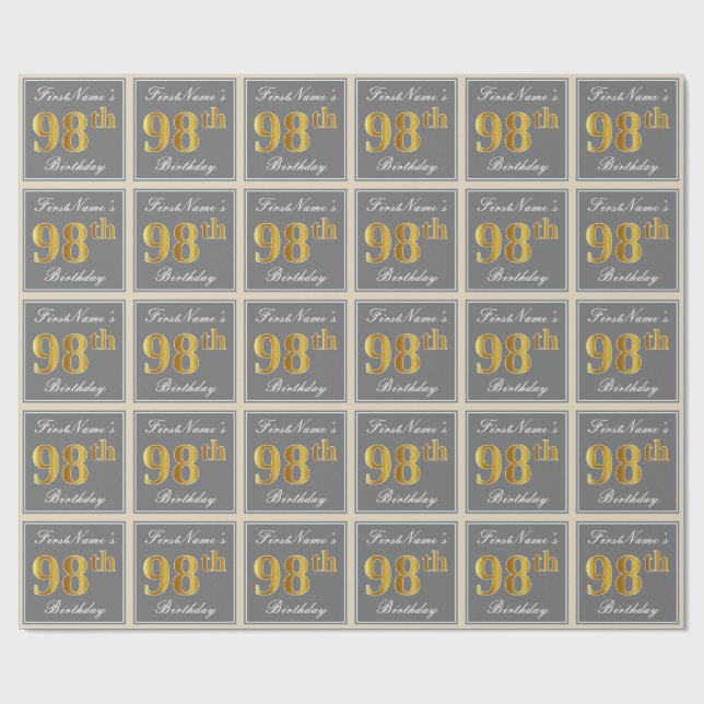 Papel De Regalo Elegante, Gris, Dorado Falso Cumpleaños 98 + Nombr (Superficie plana)