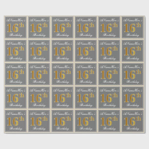 Papel De Regalo Elegante, gris, falso oro 16 cumpleaños + nombre