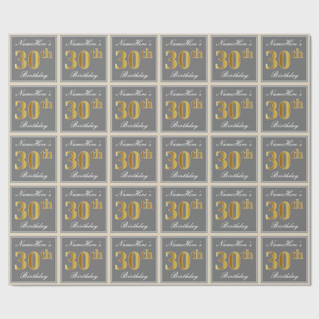 Papel De Regalo Elegante, Gris, Faux Gold 30 cumpleaños + nombre (Superficie plana)