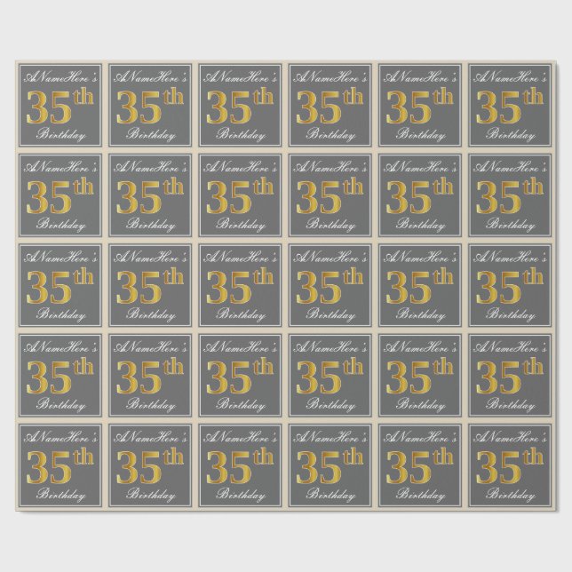 Papel De Regalo Elegante, Gris, Faux Gold 35 cumpleaños + nombre (Superficie plana)