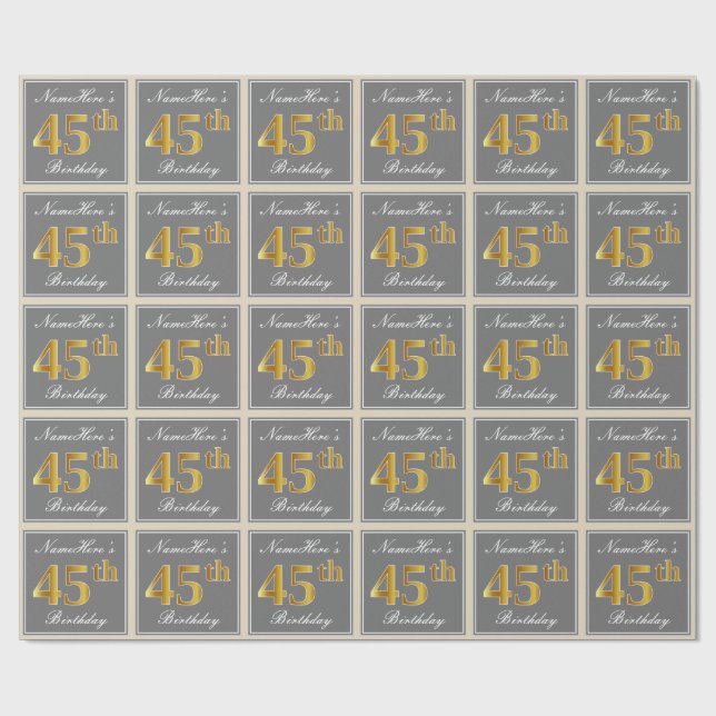Papel De Regalo Elegante, Gris, Faux Gold 45 cumpleaños + nombre (Superficie plana)