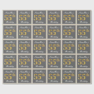 Papel De Regalo Elegante, Gris, Faux Gold 55th Birthday + Nombre