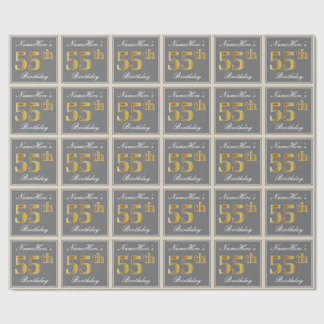 Papel De Regalo Elegante, Gris, Faux Gold 55th Birthday + Nombre (Superficie plana)