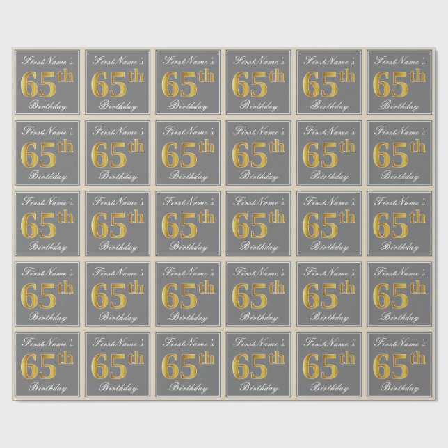Papel De Regalo Elegante, Gris, Faux Gold 65th Birthday + Nombre (Superficie plana)