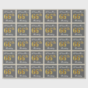 Papel De Regalo Elegante, Gris, Faux Gold 66th Birthday + Nombre