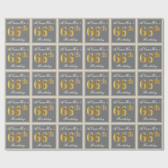 Papel De Regalo Elegante, Gris, Faux Gold 66th Birthday + Nombre (Superficie plana)