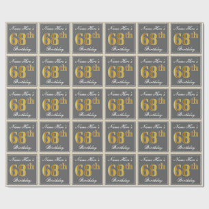 Papel De Regalo Elegante, Gris, Faux Gold 68th Birthday + Nombre
