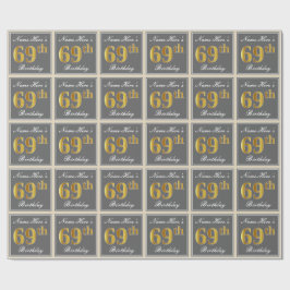 Papel De Regalo Elegante, Gris, Faux Gold 69th Birthday + Nombre