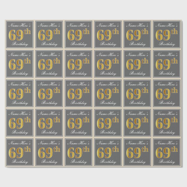 Papel De Regalo Elegante, Gris, Faux Gold 69th Birthday + Nombre (Superficie plana)