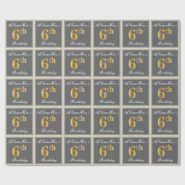 Papel De Regalo Elegante, Gris, Faux Gold 6cumpleaños; nombre pers (Superficie plana)