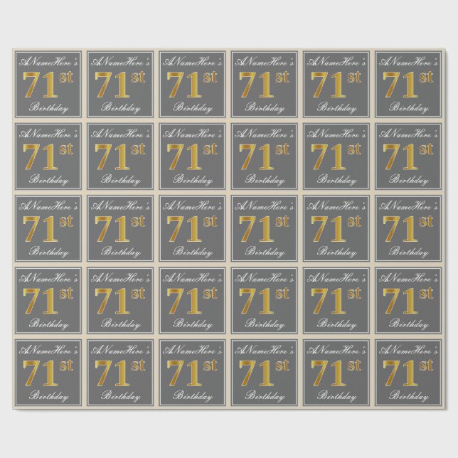 Papel De Regalo Elegante, Gris, Faux Gold 71 cumpleaños + nombre (Superficie plana)