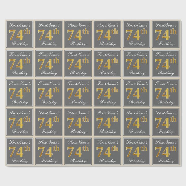 Papel De Regalo Elegante, Gris, Faux Gold 74th Birthday + Nombre (Superficie plana)