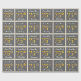 Papel De Regalo Elegante, Gris, Faux Gold 75th Birthday + Nombre