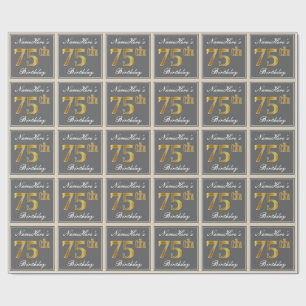 Papel De Regalo Elegante, Gris, Faux Gold 75th Birthday + Nombre