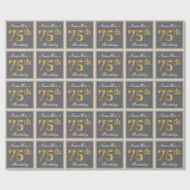 Papel De Regalo Elegante, Gris, Faux Gold 75th Birthday + Nombre (Superficie plana)