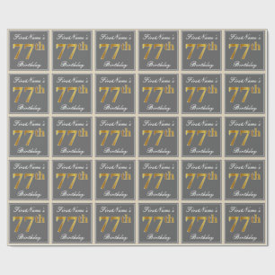 Papel De Regalo Elegante, Gris, Faux Gold 77th Birthday + Nombre