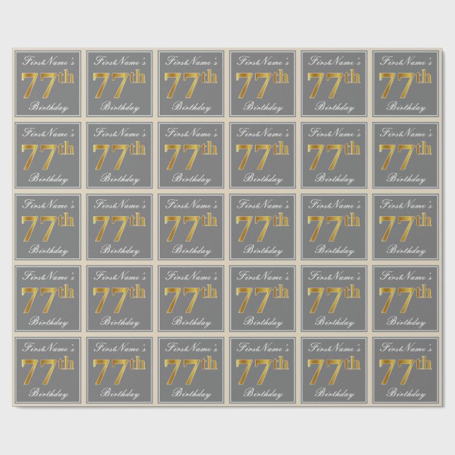 Papel De Regalo Elegante, Gris, Faux Gold 77th Birthday + Nombre (Superficie plana)
