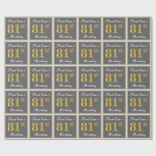 Papel De Regalo Elegante, Gris, Faux Gold 81st Birthday + Nombre