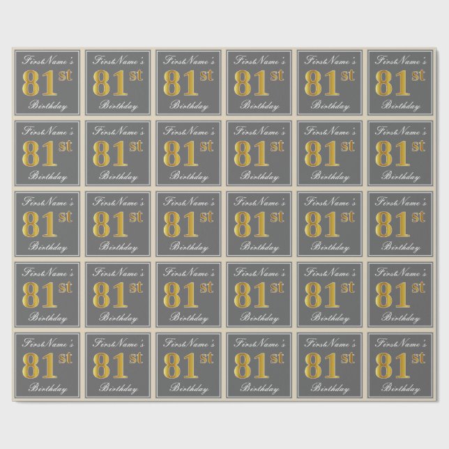 Papel De Regalo Elegante, Gris, Faux Gold 81st Birthday + Nombre (Superficie plana)